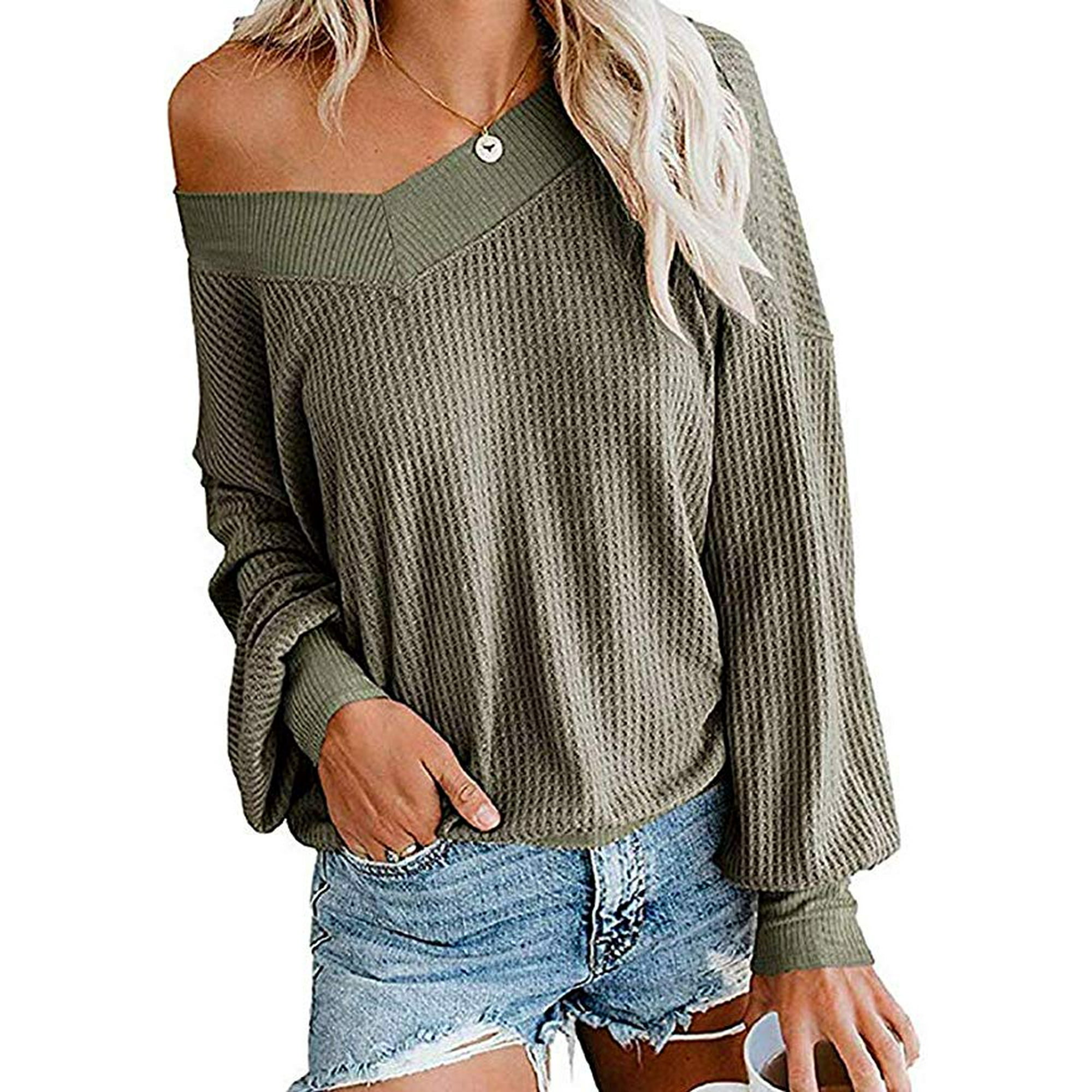 Women/’s V Neck Long Sleeve Wrap Sweater Loose Casual Waffle Knit Pullover Tops